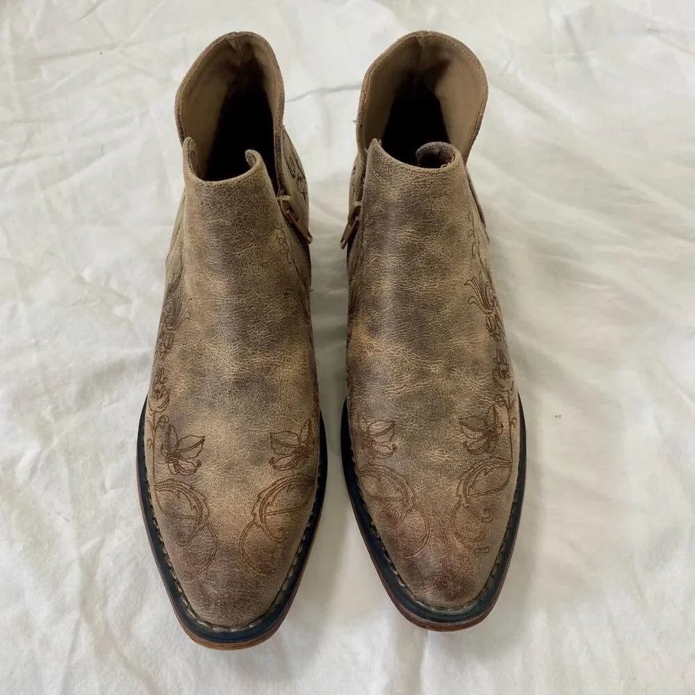 Pierre Dumas Kaylee Vegan Leather Laser Floral Design Tan Brown Cowboy Boots 7.5
